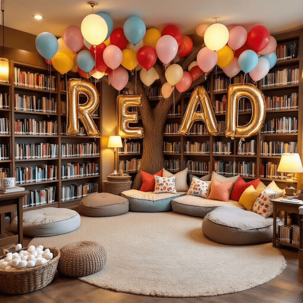 A cozy elementary school library decorated for a back-to-school reading celebration, featuring floor-to-ceiling bookshelves, floating book-shaped balloons, a whimsical balloon 'tree' spelling 'READ,' oversized floor cushions in a reading nook, warm lighting from table lamps, and a playful hot chocolate station with marshmallow-shaped balloons, all viewed from an elevated angle.