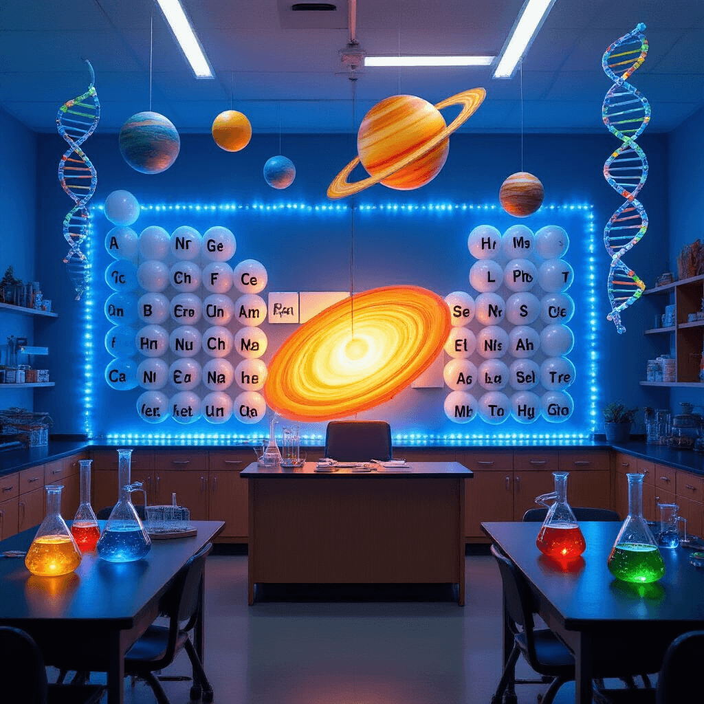A vibrant middle school science classroom decorated for the first day, featuring a colorful periodic table balloon wall, suspended solar system balloon display, Bunsen burner balloon sculptures on lab tables, DNA helix balloons from the ceiling, and beaker-shaped balloon weights, all enhanced by dramatic blue LED lighting.