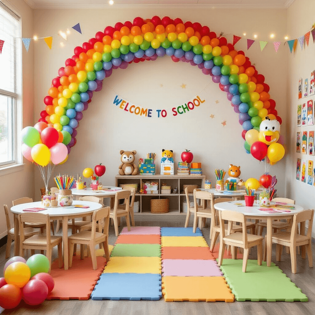 A vibrant kindergarten classroom decorated for a 'welcome to school' party, featuring a balloon rainbow with themed objects, animal-shaped balloon centerpieces, a photo booth with alphabet balloons, cheerful cartoon character balloon bouquets, twinkle lights, and pastel bunting, all illuminated by soft morning light.