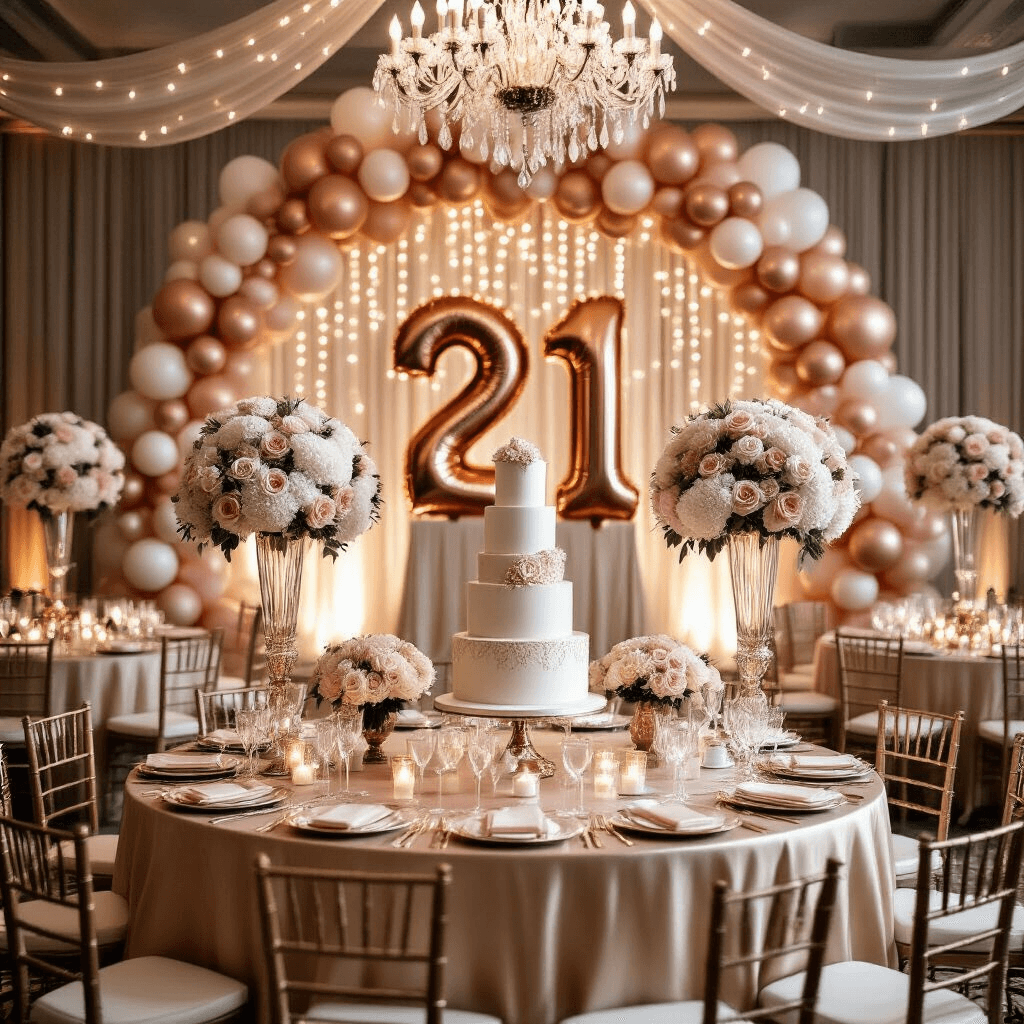 A lavish ballroom for a 21st birthday celebration, featuring champagne-colored tables with floral centerpieces, a balloon arch, a tiered cake, and twinkling fairy lights.