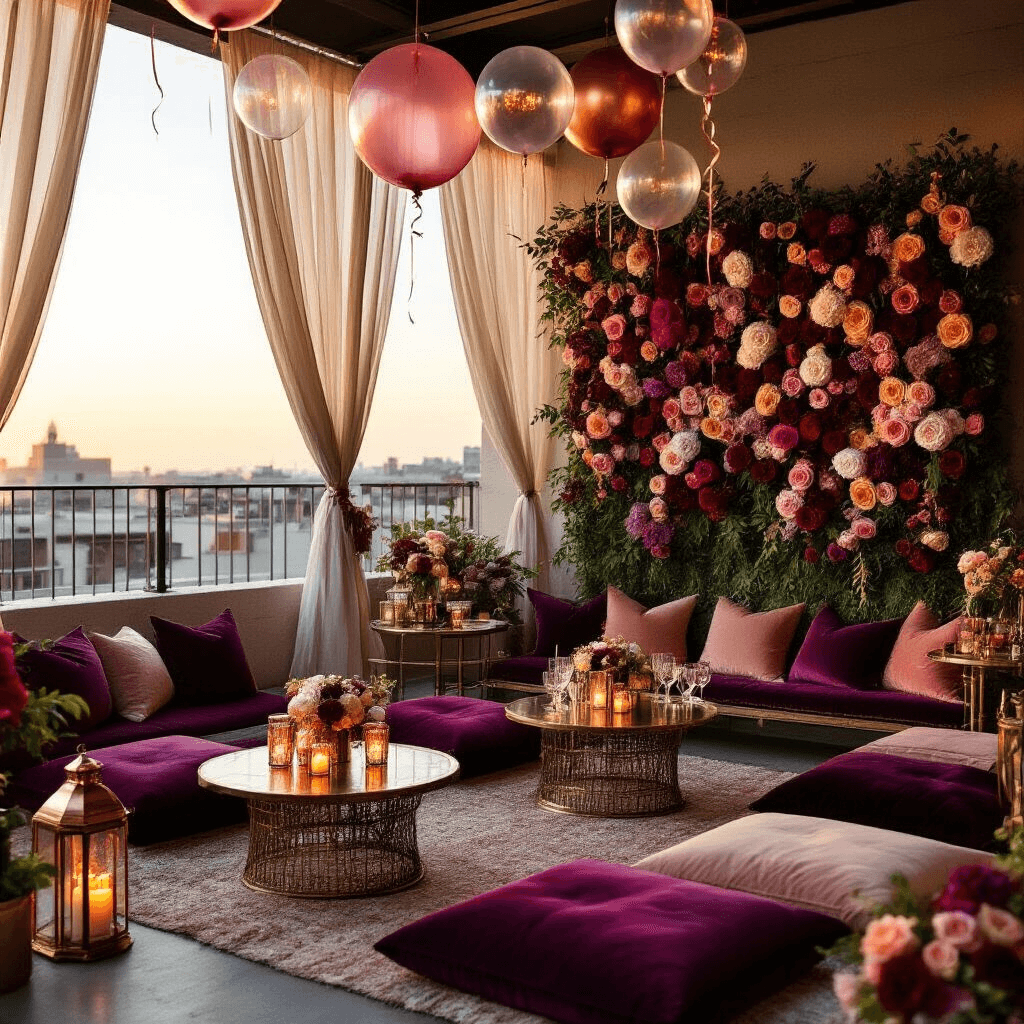 An elegant rooftop terrace set for a 21st birthday party, featuring low tables with plush velvet cushions, warm candlelight, a lush flower backdrop, and artfully arranged balloons.
