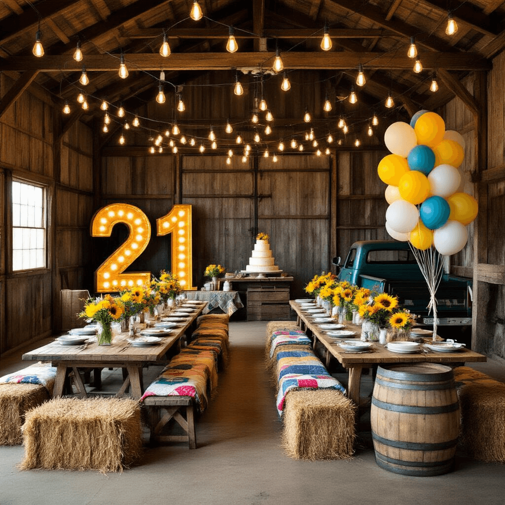 A rustic barn decorated for a 21st birthday party with Edison bulb lighting, long farmhouse tables set with mismatched china and wildflower centerpieces, a corrugated metal '21' sign against a reclaimed wood wall, clusters of yellow, blue, and white balloons, a dessert station with a naked cake on a whiskey barrel, haybales with quilts for seating, and a vintage pickup truck as a photo booth.