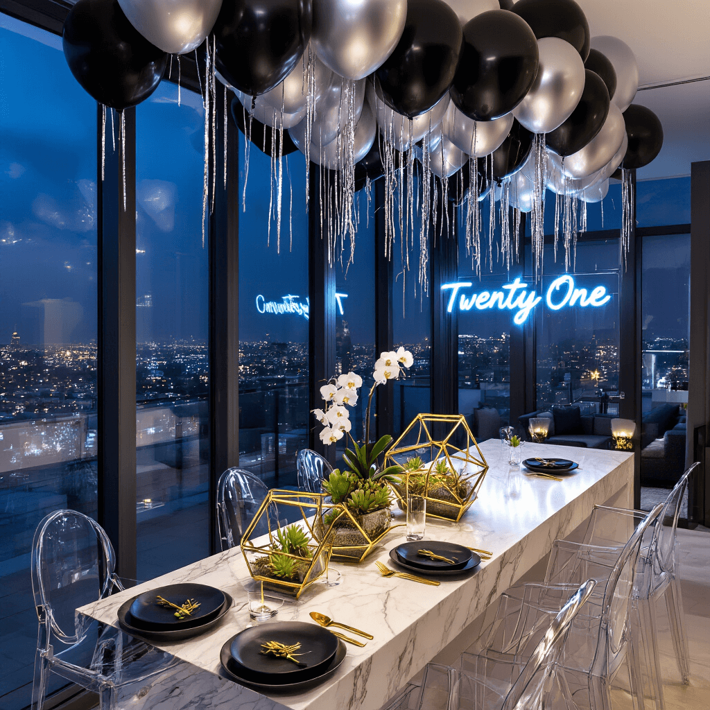 A modern apartment transformed for a glamorous 21st birthday celebration, featuring a cityscape view, a sleek marble bar with geometric gold terrariums, a dramatic balloon installation, a chic dining table set with elegant monochrome tableware, and a neon sign reading 'Twenty-One' above a stylish lounge area.