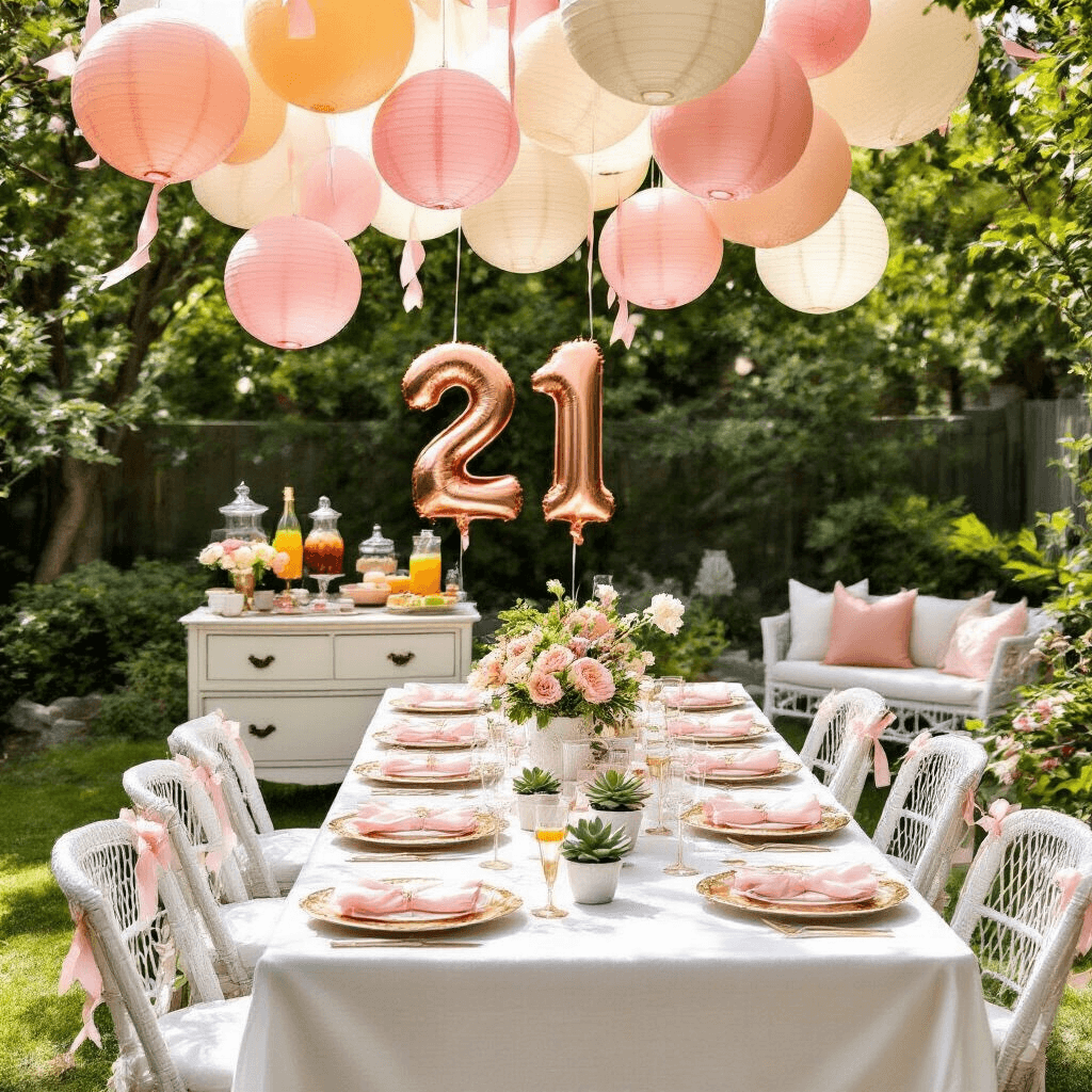 A sunlit backyard brunch for a 21st birthday featuring a long table with white linen, pastel balloon decor, gold-rimmed plates, blush napkins, and succulent pot name cards. A vintage dresser mimosa bar with crystal decanters and fresh fruits, oversized rose gold '21' balloons, and a cozy seating area with mismatched chairs and tiered cake stands of desserts.