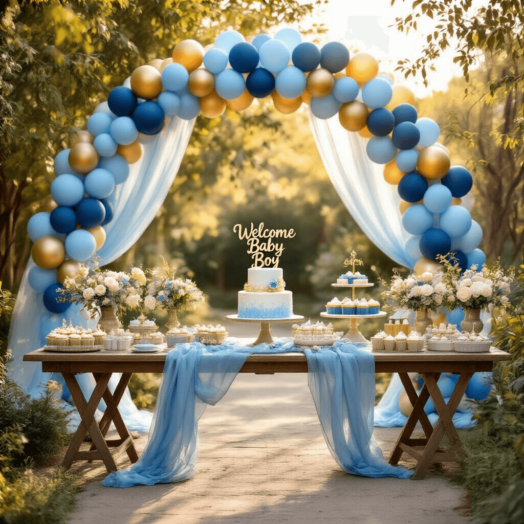 A whimsical baby shower setup in a sunlit garden featuring a blue and gold balloon arch, rustic wooden tables with floral centerpieces, a dessert cart with cupcakes and a tiered cake, embellished with tulle drapery and fairy lights, all illuminated by warm golden hour light.