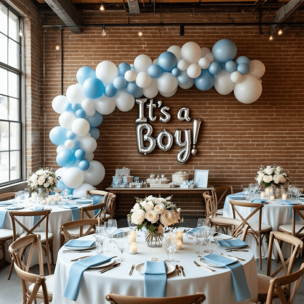 An elegant indoor baby celebration featuring a modern chrome blue, white, and nude balloon garland against a brick wall, round tables with crisp white linens, glass chargers, soft blue napkins, and centerpieces of white roses in clear vases with floating candles, alongside a gift table with wrapped presents and a 'It's a Boy!' foil balloon, captured in an overhead shot.