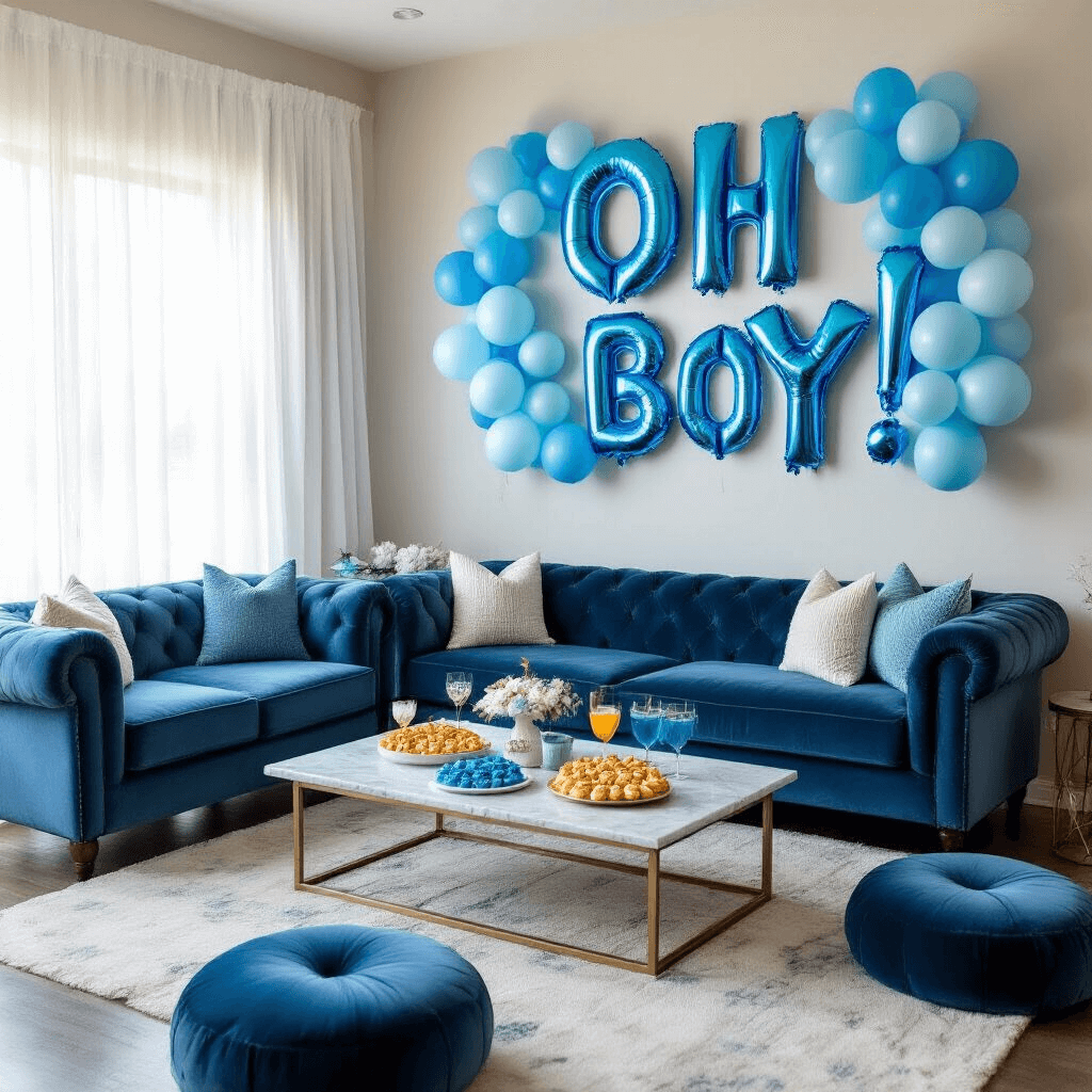 A cozy living room set up for a gender reveal party, featuring a DIY balloon installation spelling 'Oh Boy!' in blue shades, surrounded by plush velvet sofas and floor cushions, with a low marble coffee table displaying blue appetizers and mocktails, all bathed in soft morning light.