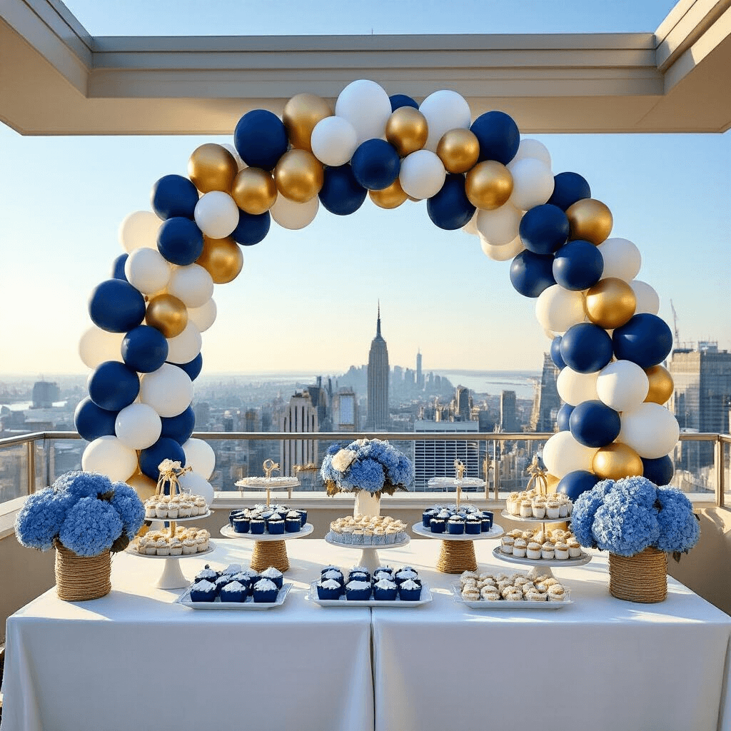 A cinematic wide shot of a nautical-themed baby shower on a sun-drenched rooftop terrace, featuring a balloon arch in navy, white, and gold framing a stunning city view. Decor includes white linen-draped high-top tables with blue hydrangea centerpieces in rope-wrapped vases, and a dessert station with ocean-inspired treats, all highlighted by a large ship's wheel foil balloon.