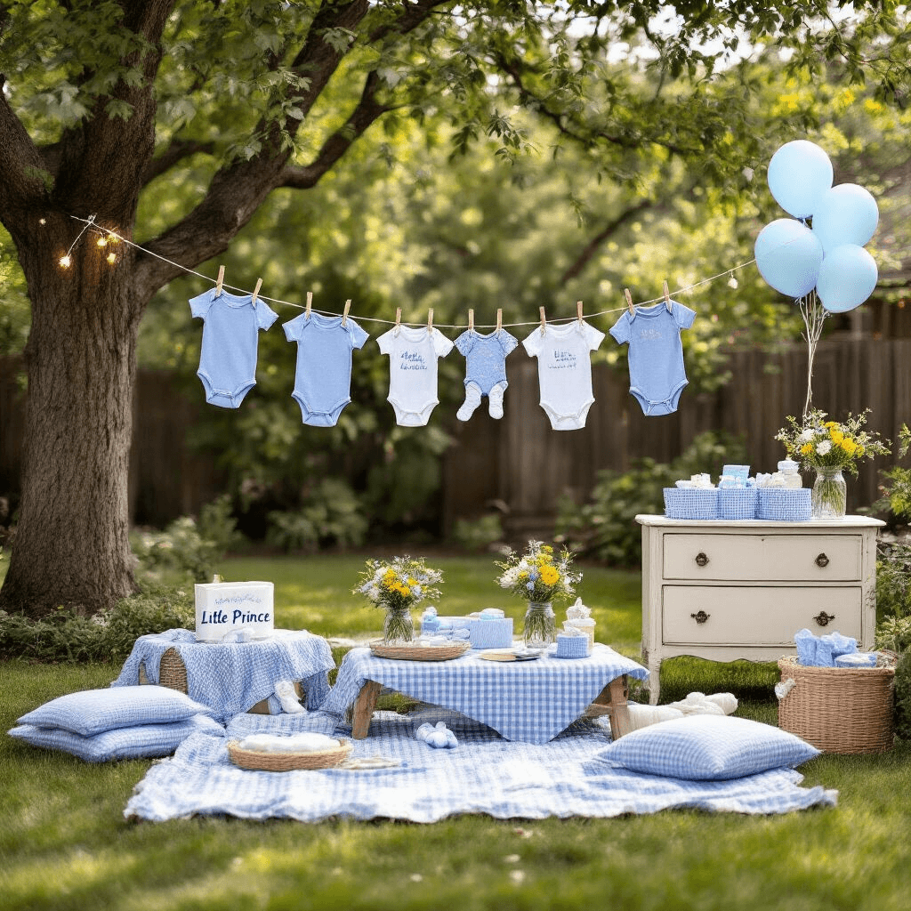 An intimate backyard sprinkle celebration featuring a clothesline adorned with tiny blue onesies and socks, alongside festive balloons and twinkling lights, with cozy picnic seating and a vintage dresser display in the softly blurred background.