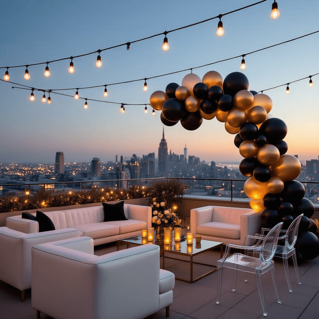 Elevate Your 18th Birthday Bash: The Ultimate Balloon Guide An elegant 18th birthday lounge on a rooftop terrace at twilight, featuring string lights, low white leather sofas, clear acrylic ghost chairs, and a striking balloon installation of matte black, metallic gold, and clear confetti balloons against a city skyline. The scene includes sleek cocktail tables with gold candle holders and minimalist floral arrangements, captured from a slightly elevated angle.