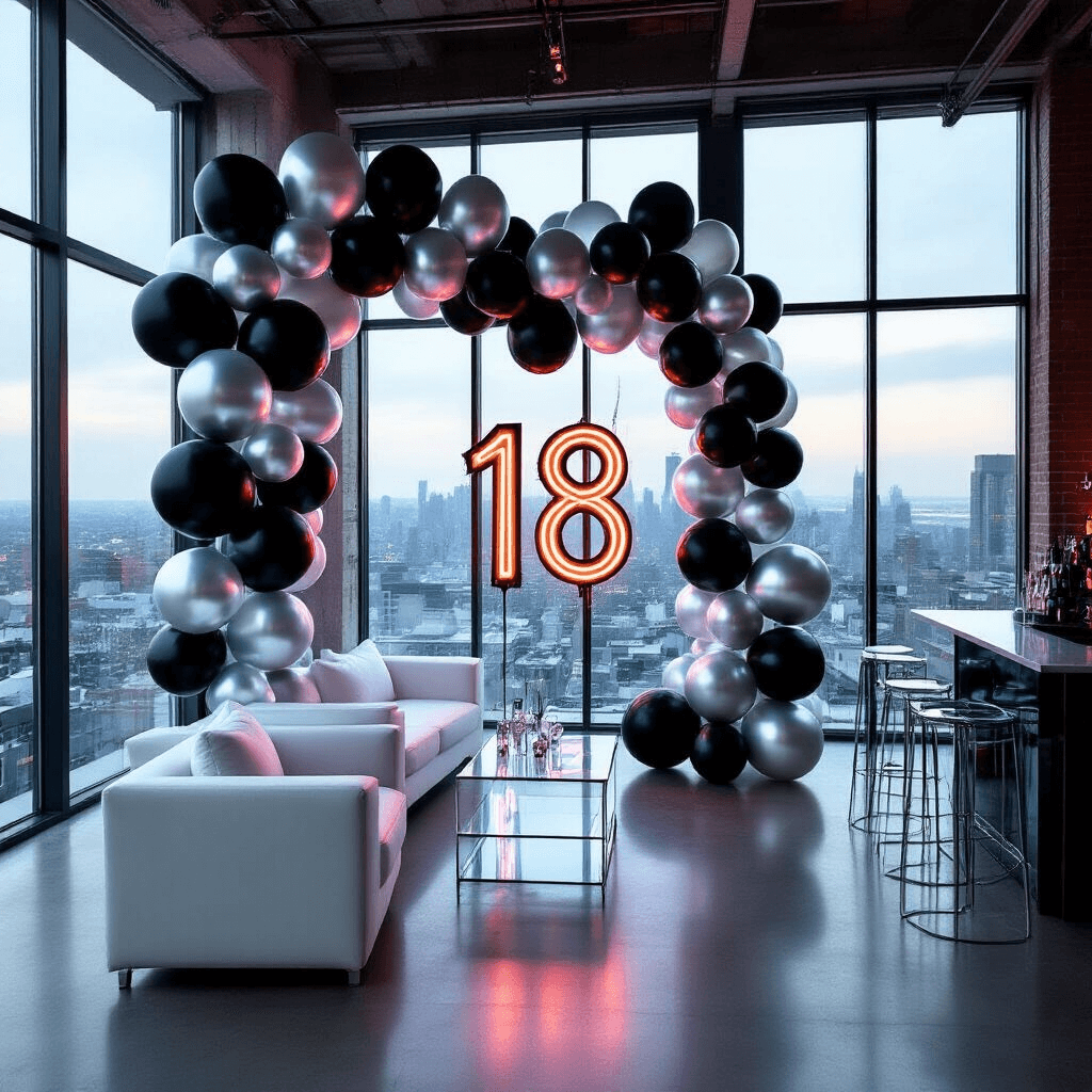 Elevate Your 18th Birthday Bash: The Ultimate Balloon Guide A stylish modern loft decorated for an 18th birthday party, featuring a geometric balloon installation in matte black, silver chrome, and clear balloons, with a neon '18' sign in electric blue, against a backdrop of floor-to-ceiling windows showcasing a city view, illuminated by LED strip lighting and complemented by sleek white furniture.