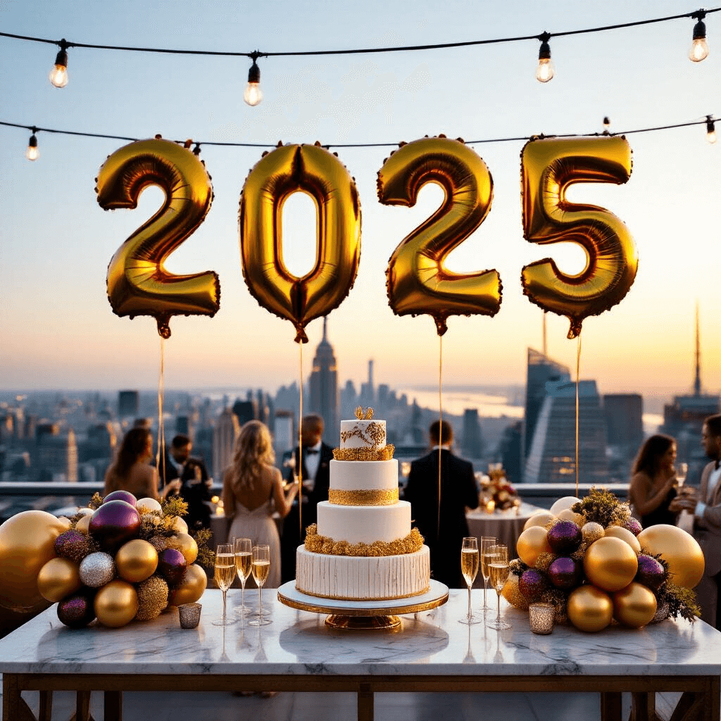 2025 Balloons: The Ultimate Guide to Stunning Event Decor and Photography A lavish rooftop terrace at golden hour featuring oversized metallic '2025' balloons, a marble dessert table with a tiered birthday cake, chrome gold and jewel-tone balloon arrangements, and fairy lights overhead, with a cityscape backdrop and guests mingling around silk-draped cocktail tables holding champagne flutes.