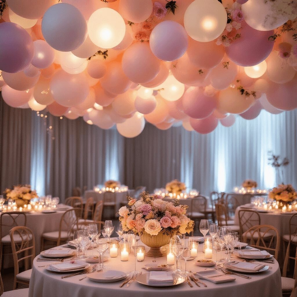2025 Balloons: The Ultimate Guide to Stunning Event Decor and Photography An elegant indoor ballroom adorned with biodegradable latex balloons in pastel shades forming a cloud-like ceiling, featuring round tables with artistic balloon centerpieces and delicate fresh florals, softly lit by flickering candlelight and surrounded by sheer drapery and twinkling fairy lights.
