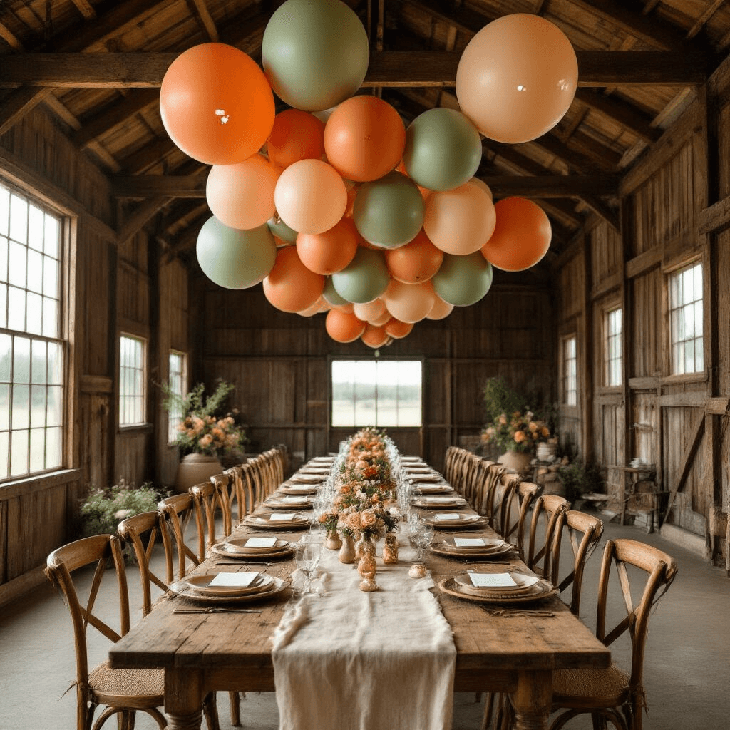 2025 Balloons: The Ultimate Guide to Stunning Event Decor and Photography A wide-angle view of a rustic barn interior featuring an interactive balloon installation with oversized terracotta and sage balloons, projected designs, and a long farmhouse table set with textured linens and terrariums, illuminated by golden hour light.