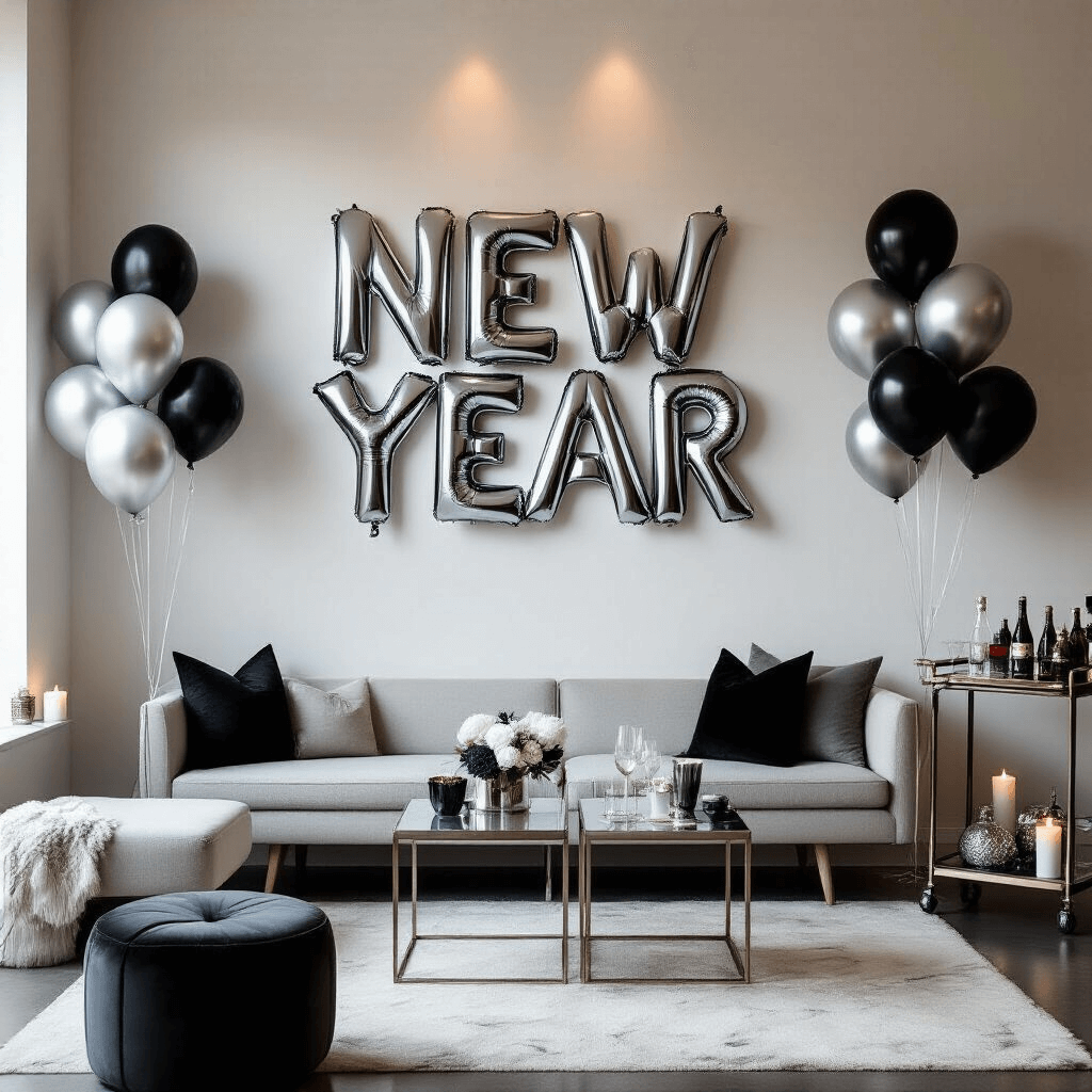 2025 Balloons: The Ultimate Guide to Stunning Event Decor and Photography A luxurious minimalist living room setup for New Year's Eve features a sleek balloon installation spelling out the new year in metallic silver and matte black on the statement wall. Modern low furniture is arranged for conversation, accented with chrome balloon clusters. A stylish bar cart with balloon-inspired cocktail stirrers stands in the corner, while soft ambient lighting and candles create a moody atmosphere. A detail shot highlights the intricate textures and sophisticated color palette of the balloon wall.