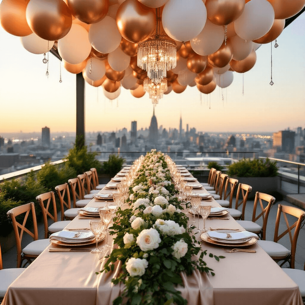 A chic rooftop terrace adorned for a glamorous Mother's Day soirée, featuring a long banquet table draped in champagne silk, gold-rimmed glassware, rose gold and white balloons overhead, and lush greenery with white florals down the center, with twinkling city lights and a dusky sky in the background.