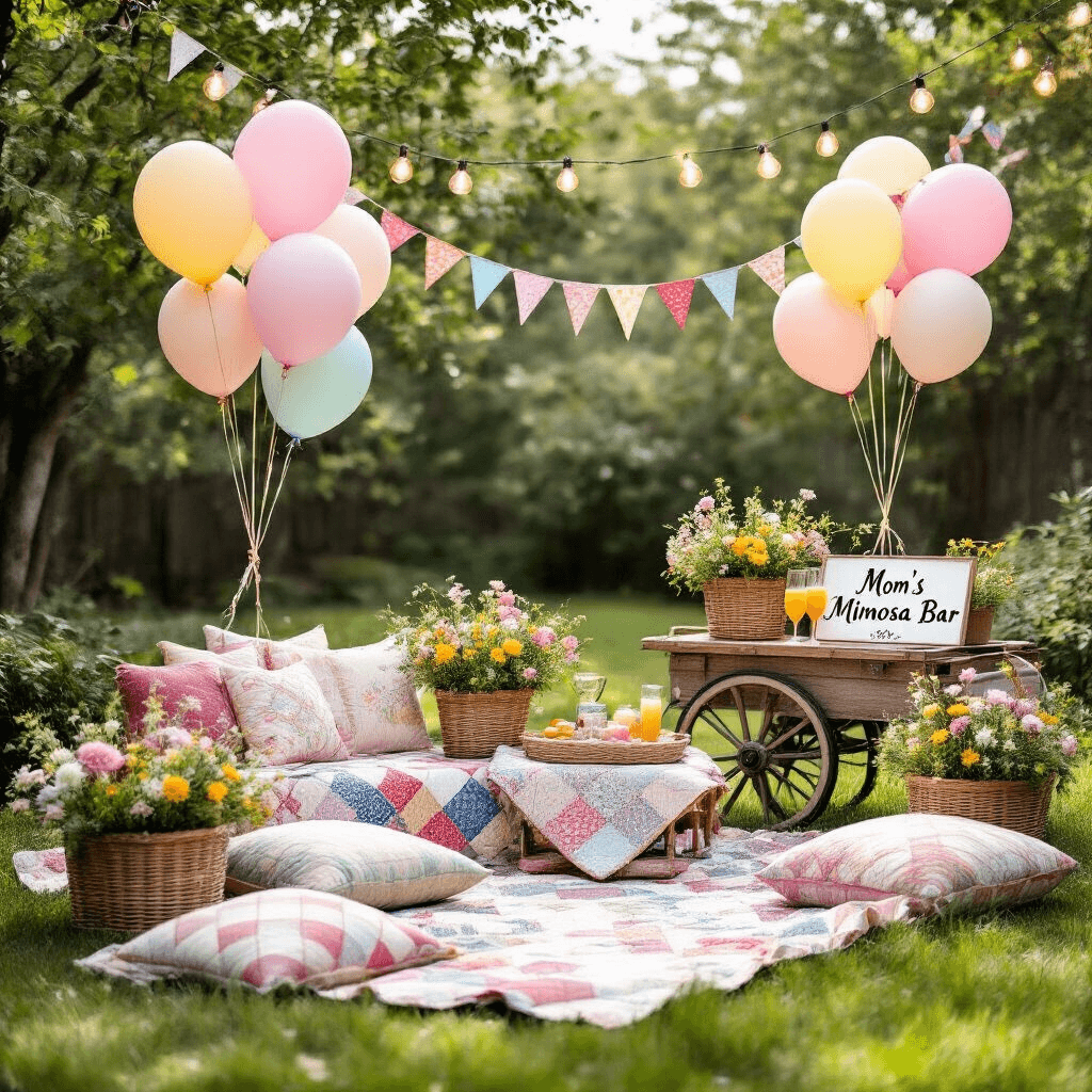 A charming Mother's Day picnic scene featuring patchwork quilts, cushions on grass, pastel balloons, a wicker basket with wildflowers, a rustic drink cart labeled 'Mom's Mimosa Bar,' and string lights overhead, all bathed in soft late afternoon light.