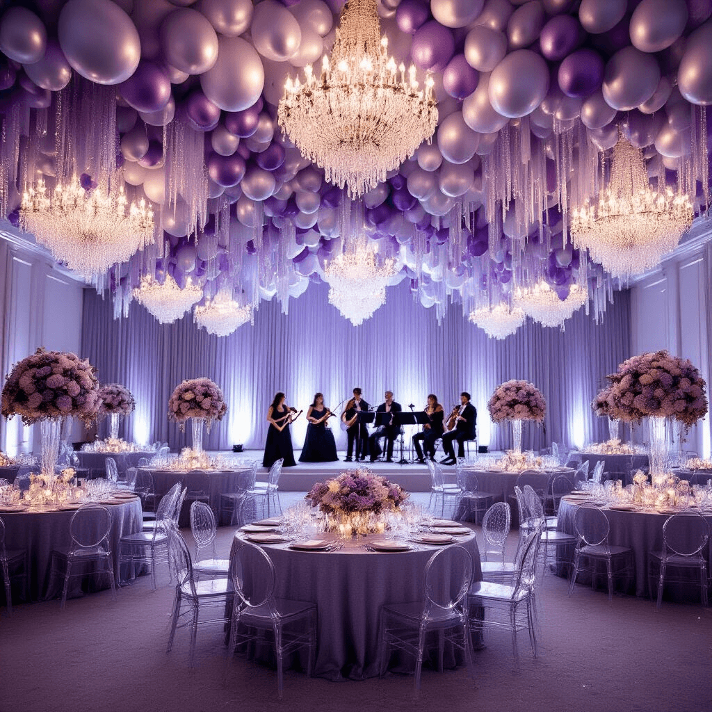 An elegant ballroom set for a Mother's Day luncheon, featuring crystal chandeliers, lavender and silver balloon installations, round tables with silvery-grey linens and floral arrangements, ghost chairs, a balloon arch, and a string quartet on stage, all illuminated by soft lighting.