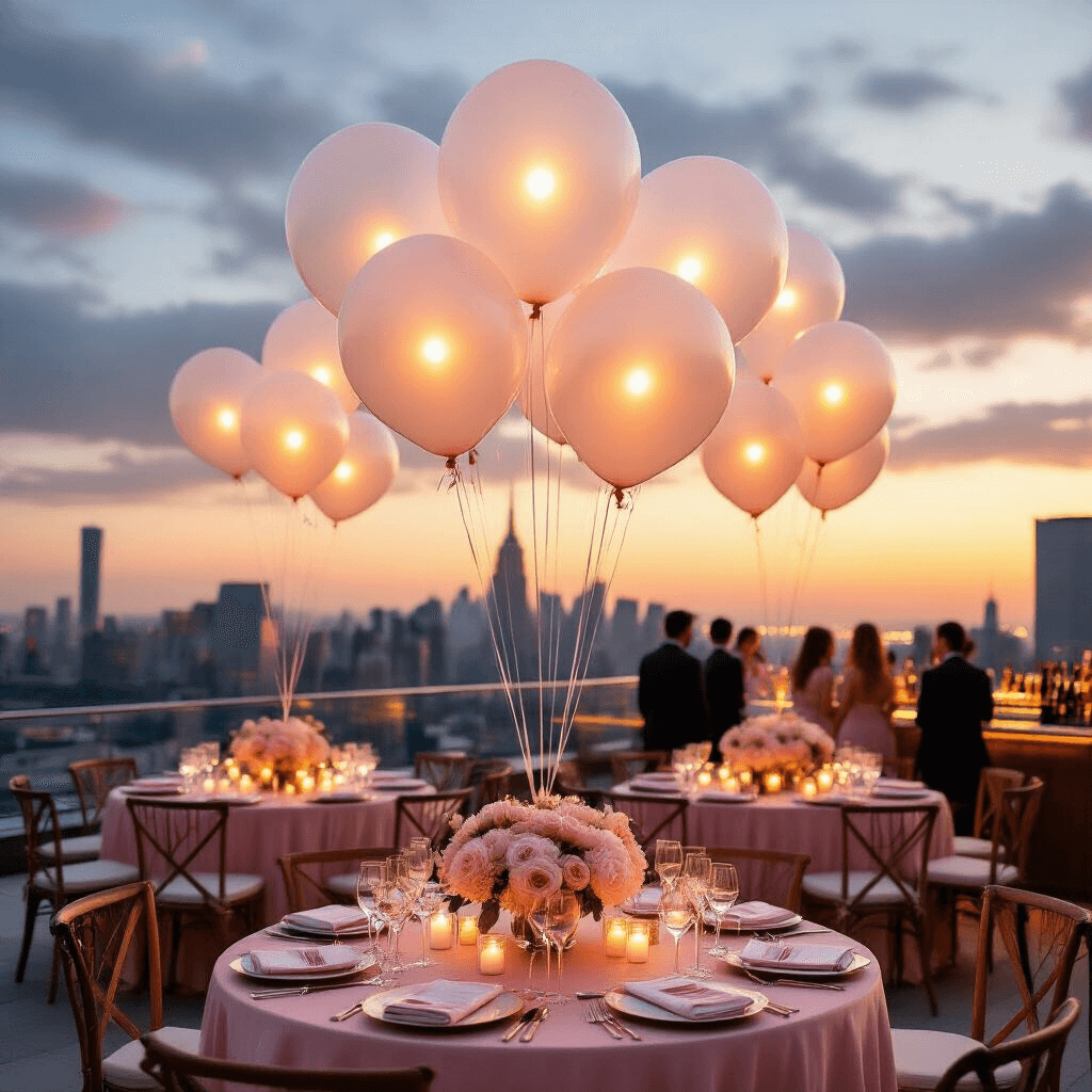 A picturesque rooftop terrace at golden hour, with clusters of illuminated balloons and elegant tables adorned with blush pink linens and floral centerpieces, as guests enjoy drinks against a stunning city skyline.