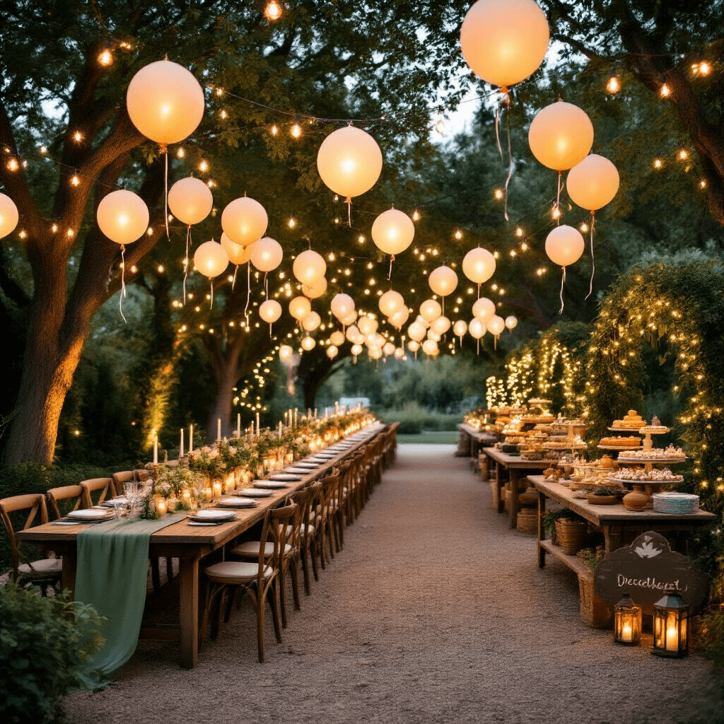 A beautifully decorated garden wedding reception at dusk, featuring twinkling light balloons, long farmhouse tables with sage green runners, vintage lanterns, a dessert cart, and lush greenery with fairy lights.