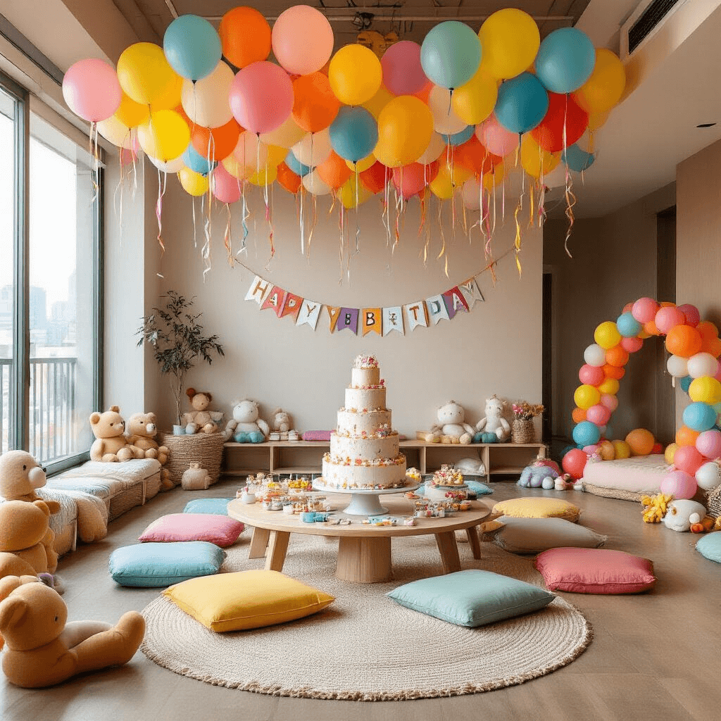 A whimsical children's birthday party in a modern apartment, featuring colorful balloons overhead, a tiered birthday cake at the center, DIY decorations, cozy play areas with rugs and stuffed animals, and a balloon arch framing a kid-sized photo booth.