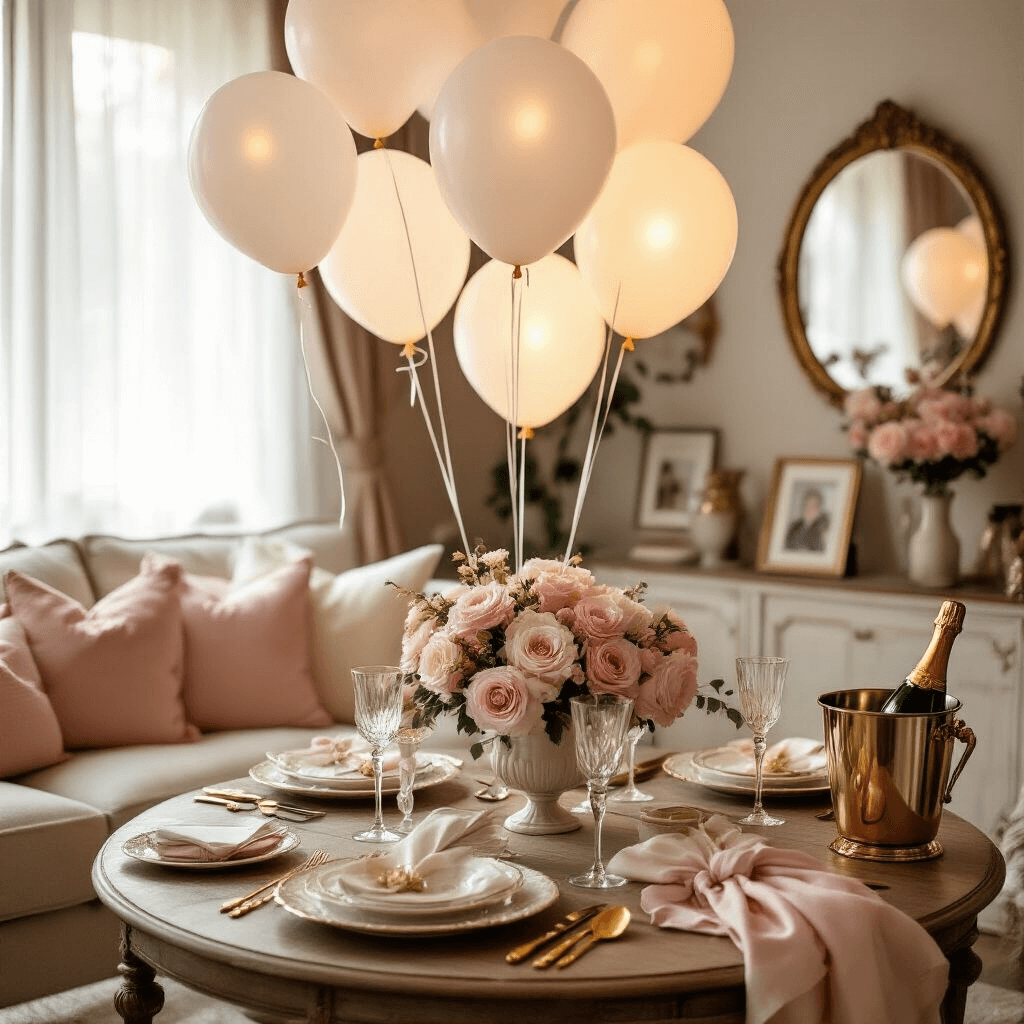 An intimate anniversary dinner setup in a cozy living room with warm lighting, featuring a beautifully arranged coffee table with fine china, crystal stemware, gold cutlery, and blush pink floral decorations in vintage vases. The space includes sheer drapery, mirrors enhancing the romantic atmosphere, and personal touches like framed photos and love notes, with a champagne bucket ready for toasting.