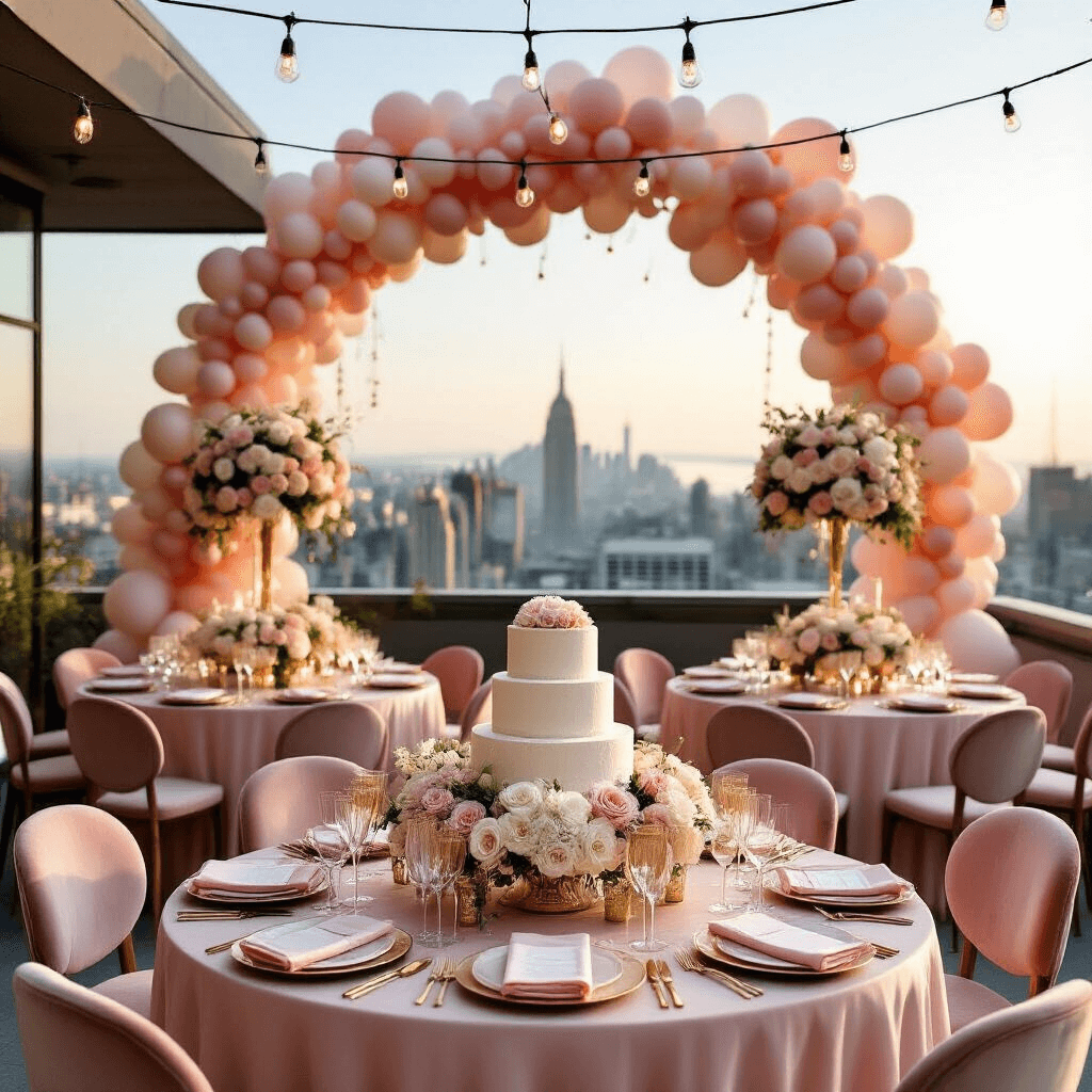 An elegant birthday soirée on a sunlit rooftop terrace featuring round tables with blush silk linens, tall floral centerpieces, a grand ombré balloon arch, and strings of fairy lights. A dessert cart with a tiered naked cake and gold-rimmed champagne flutes is in the foreground, illuminated by soft evening light.