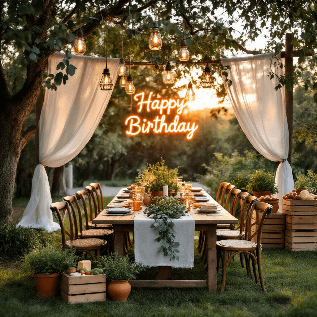 An intimate backyard gathering at golden hour, featuring a long farmhouse table adorned with fresh eucalyptus, terracotta pots of herbs, mismatched vintage chairs, and warm copper lanterns. A billowing backdrop of sheer white drapes frames a neon 'Happy Birthday' sign, while wooden crates nearby display artisanal cheeses and fresh fruits. Mason jars with tea lights hang from tree branches, enhancing the dreamy atmosphere.