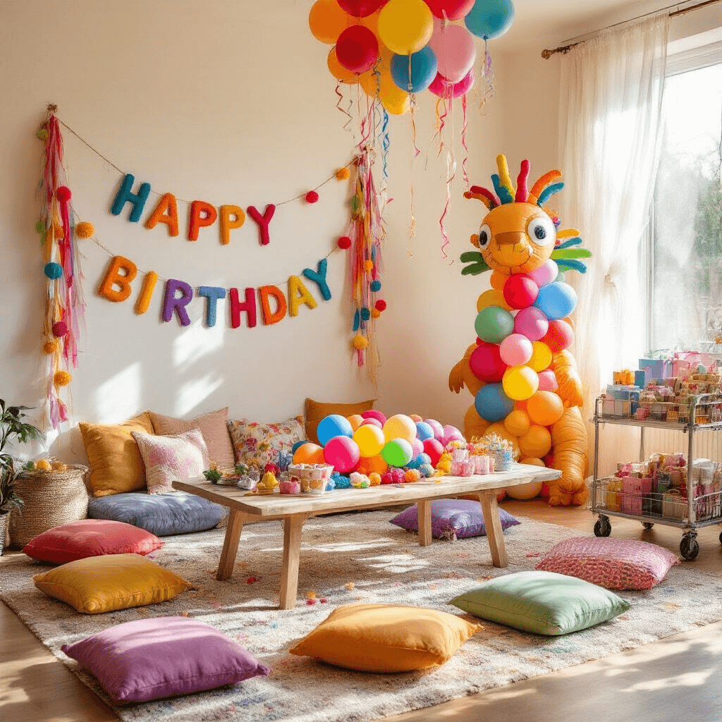 A vibrant children's birthday party scene featuring a low table surrounded by colorful floor cushions, decorated with balloons and streamers. A felt banner reading 'Happy Birthday' hangs on the wall, while a balloon sculpture of a fantastical creature stands in the corner. Pom-pom garlands adorn the ceiling, and a cart brimming with wrapped presents is nearby, all illuminated by sunlight filtering through gauzy curtains.