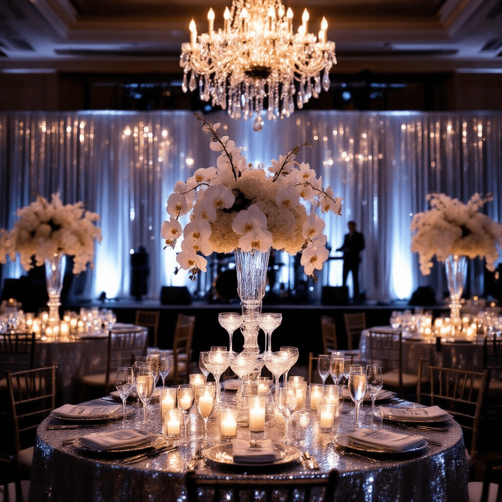 A glamorous ballroom celebration featuring crystal chandeliers, shimmering silver sequin table linens, tall glass vases with white orchids and cascading crystals, a sparkling metallic fringe backdrop, a glistening champagne tower, and flickering candles in mercury glass holders, creating a luxurious ambiance.