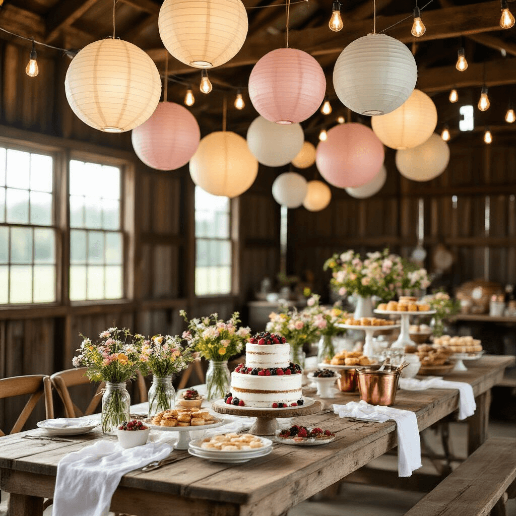 A sunlit barn set for a rustic-chic birthday brunch with wooden harvest tables, white linens, mason jars of wildflowers, oversized pastel paper lanterns, a dessert table featuring a naked cake with fresh berries, vintage pastries, Edison bulb string lights, and a DIY mimosa bar with copper ice buckets.