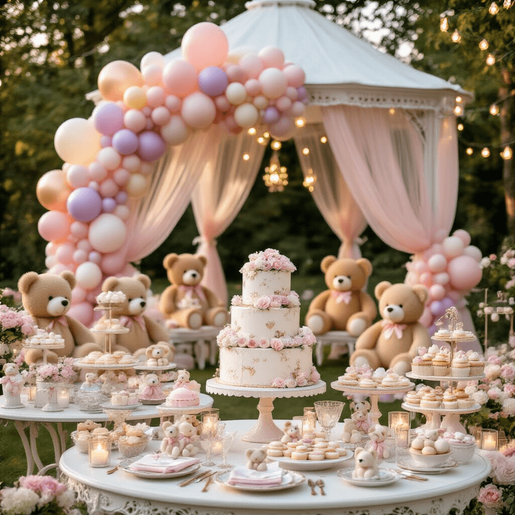 A whimsical garden party scene featuring a white gazebo draped in blush fabric and adorned with a pastel balloon arch. Oversized teddy bears are scattered throughout, some holding metallic balloons. Round tables are set with floral china and teddy bear place card holders, illuminated by string lights and candles. An ornate dessert cart showcases a tiered cake surrounded by cupcakes and cookies with teddy bear motifs.