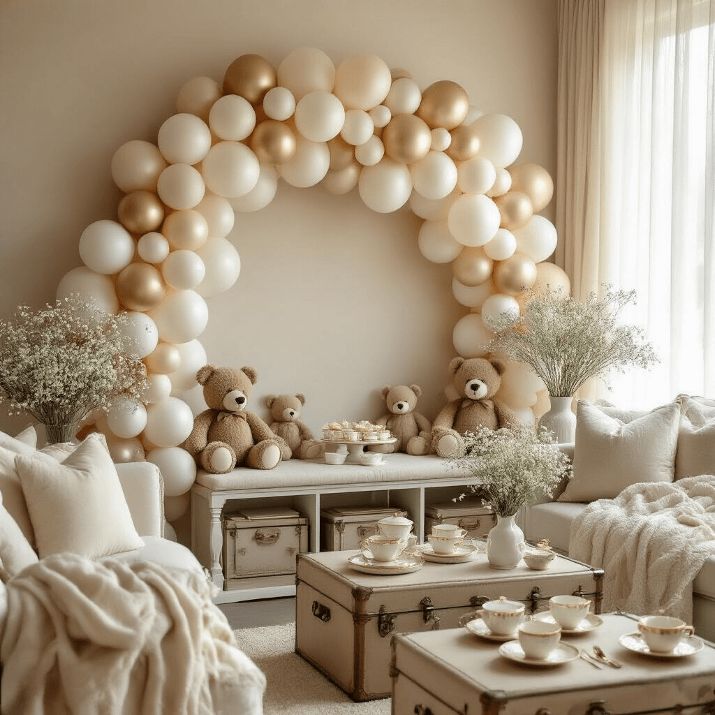 A cozy baby shower setup in a living room with warm light, featuring a DIY balloon installation, plush teddy bears, elegant tea settings, and vases of baby's breath and eucalyptus among neutral tones.