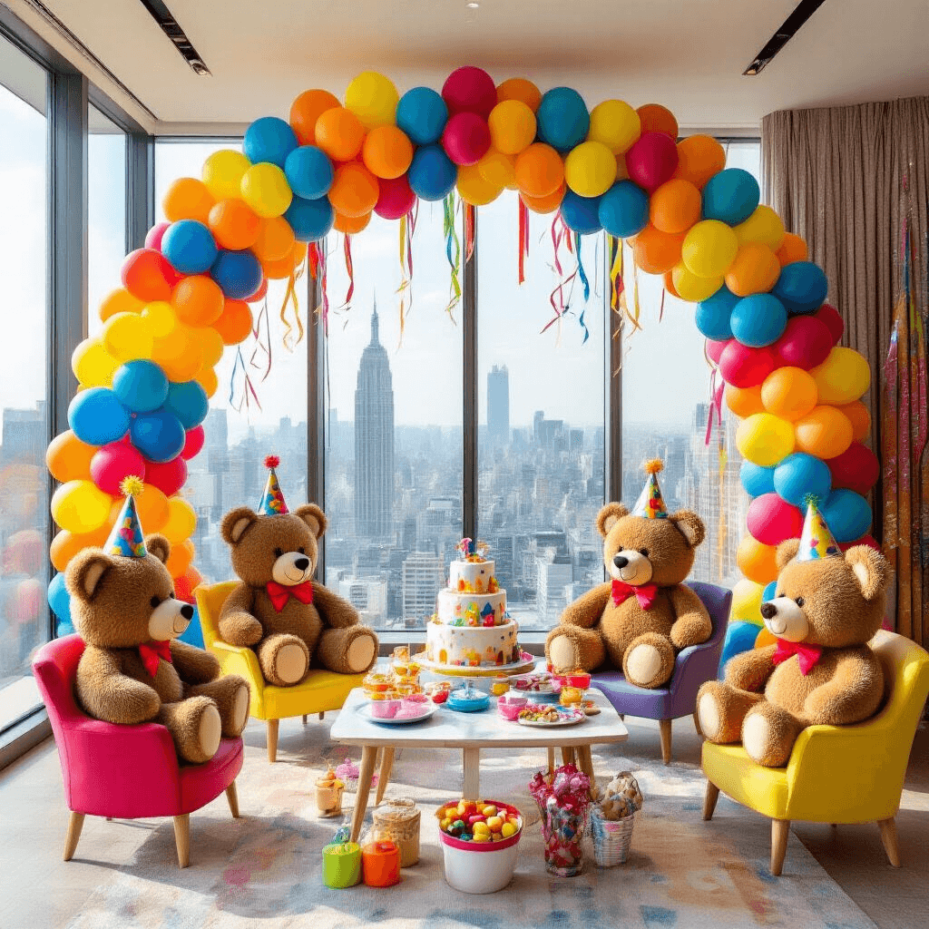 A vibrant children's birthday celebration in a modern apartment with floor-to-ceiling windows overlooking a cityscape, featuring a bold primary color palette, a balloon arch, teddy bears in party hats at a tea party, a DIY photo booth with colorful streamers and oversized props, and a whimsical teddy bear-shaped cake surrounded by festive treats.