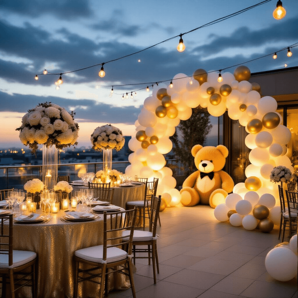An elegant rooftop terrace party at twilight with fairy lights, lanterns, and a shimmering color scheme of gold, ivory, and mint green. Round tables with gold linens display white roses and baby's breath centerpieces, each accompanied by a teddy bear in a bow tie. A dramatic balloon installation creates an arch over the bar area, where champagne flutes are arranged, and a photo op area features a giant teddy bear surrounded by gold and ivory balloons.
