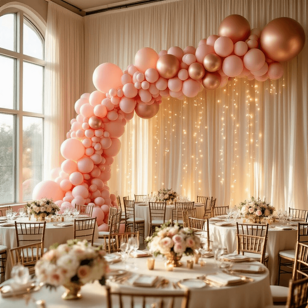 A grand indoor ballroom illuminated by golden hour sunlight, featuring an elaborate pink balloon garland, round tables with ivory linens and fresh white peonies, and delicate fairy lights, captured in a wide-angle view.