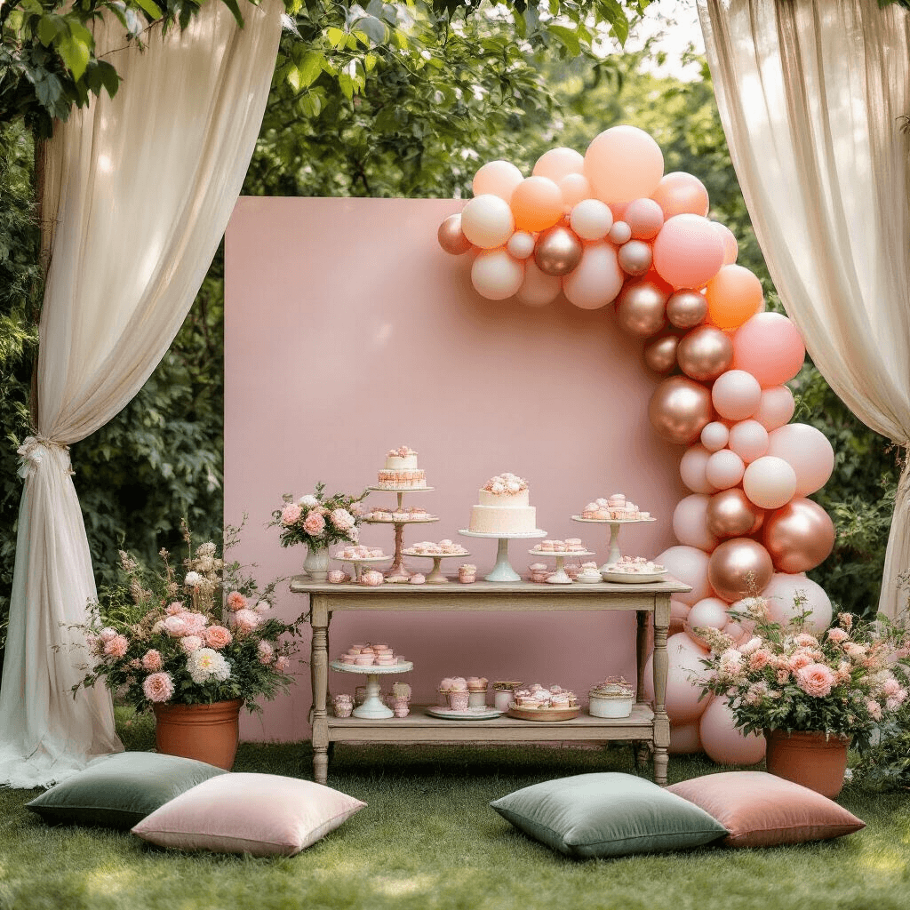An intimate garden party setup in soft morning light featuring a whimsical pink balloon backdrop, vintage dessert cart with pastel treats, flowing cream drapery, sage green velvet cushions for seating, and fresh florals in terracotta pots.
