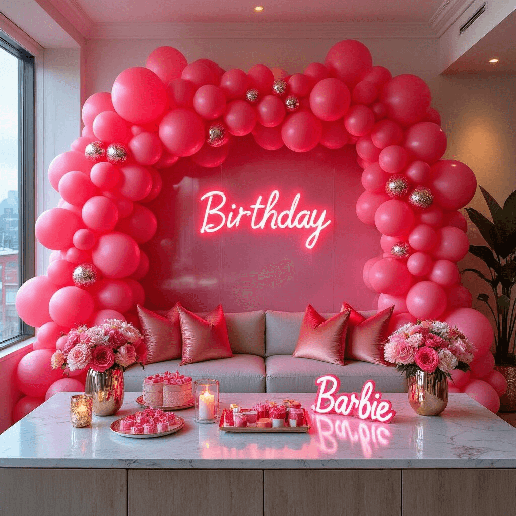A chic modern apartment transformed for a birthday celebration, featuring a vibrant hot pink balloon installation against a shimmering backdrop, with a marble countertop displaying party favors, neon signage, and contemporary furniture accented with coral silk pillows, all captured from an overhead angle during a candlelit evening.