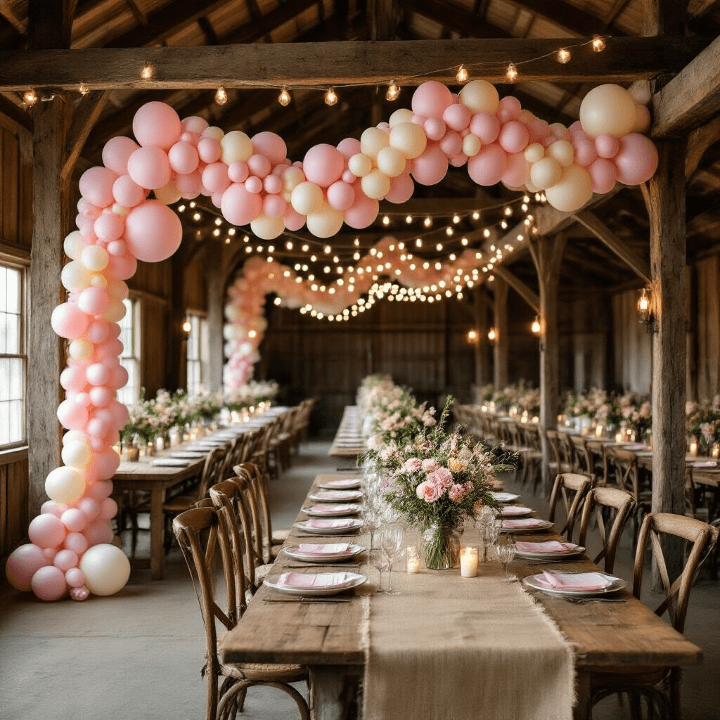 A rustic barn venue adorned with fairy lights at night, featuring a pink balloon garland intertwined with wooden beams, farm tables with burlap runners and wildflower centerpieces in mason jars, vintage wooden chairs, and scattered candles, creating a cozy and romantic atmosphere for a wedding celebration.