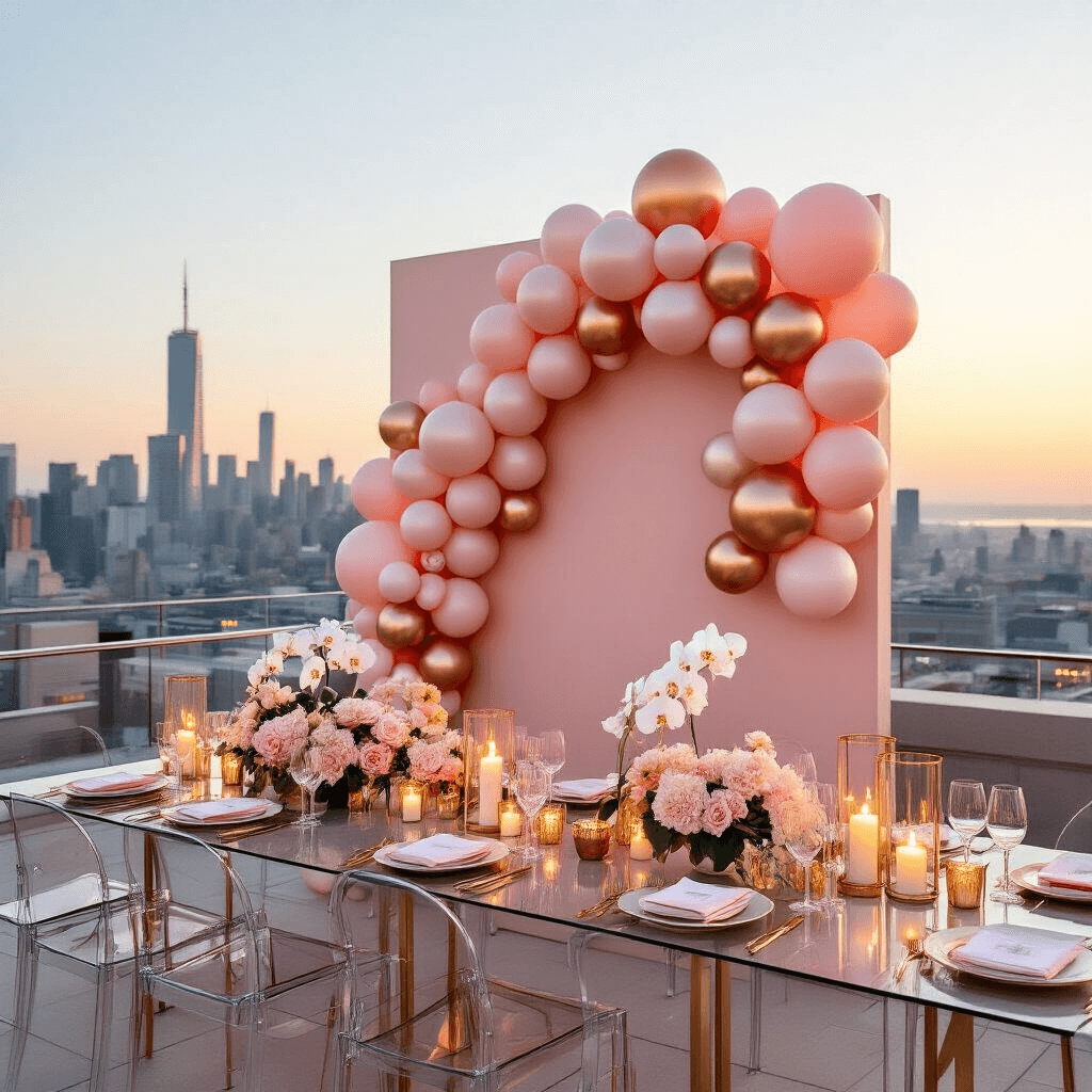 A stunning rooftop terrace at golden hour featuring a sophisticated pink balloon wall installation, accented by matte blush, metallic rose gold, and pearl finish balloons. Low acrylic tables with gold accents display elegant place settings and fresh orchids, with flowing ivory linens and twinkling fairy lights as day turns to evening, creating a chic and intimate celebration space against a city skyline backdrop.