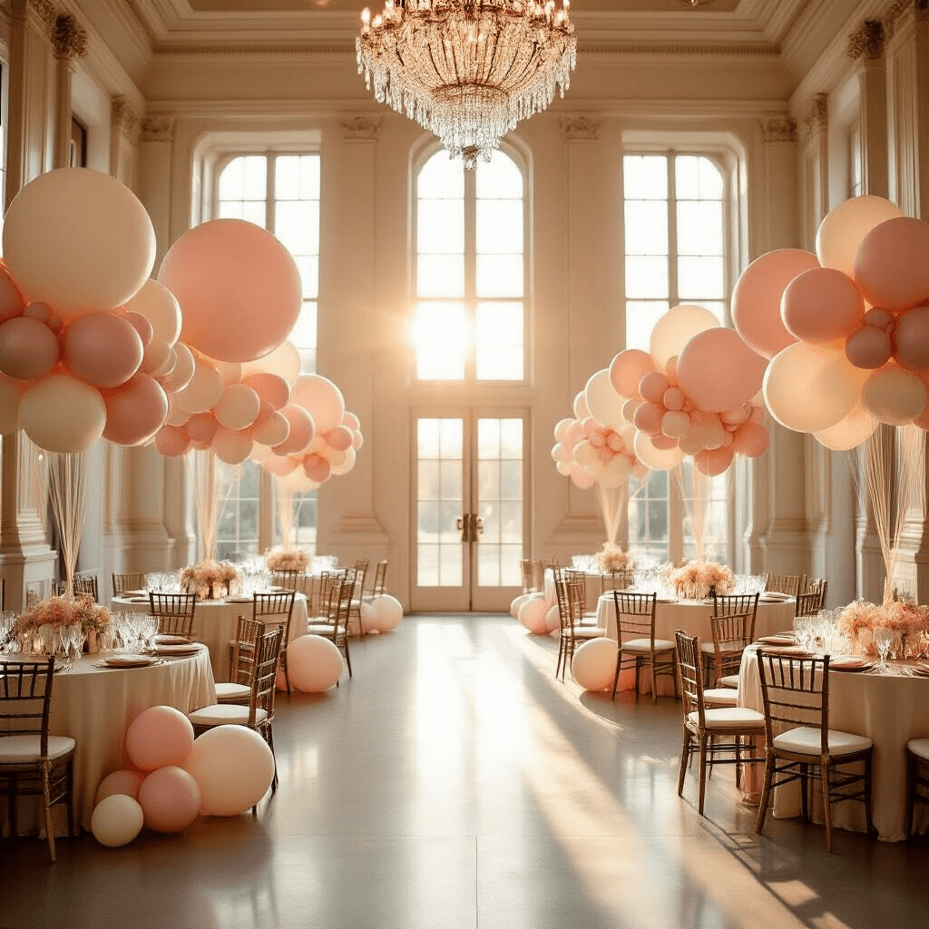 Elegant indoor ballroom wedding venue at golden hour, featuring sophisticated balloon displays in blush pink, ivory, and champagne. Soft sunlight through tall windows, round tables with silk ivory linens, and balloon archways create a luxurious atmosphere, illuminated by crystal chandeliers.