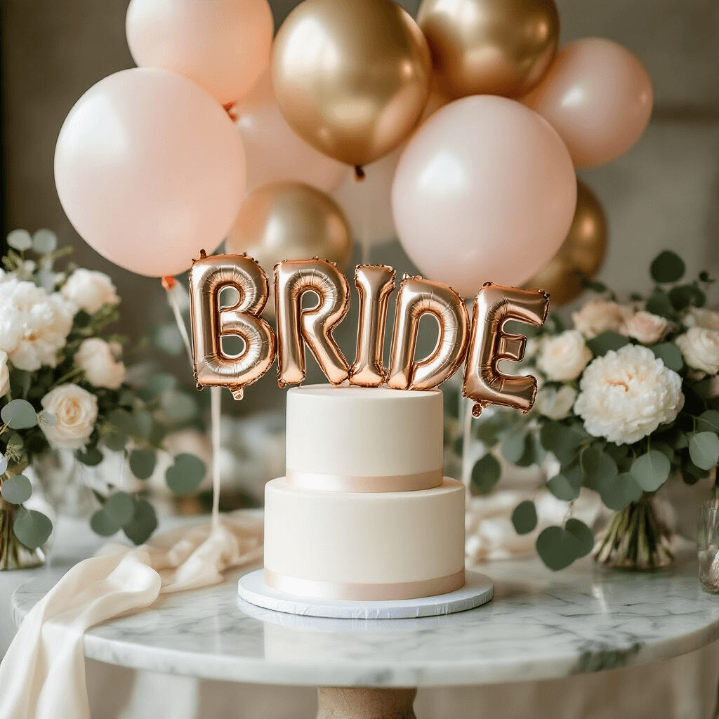 Close-up of a wedding cake table with blush pink and champagne latex balloons alongside gold foil balloons spelling 'BRIDE', accented by transparent balloons, silk ivory table runners, fresh white peonies, and eucalyptus garlands, all captured in soft morning light.