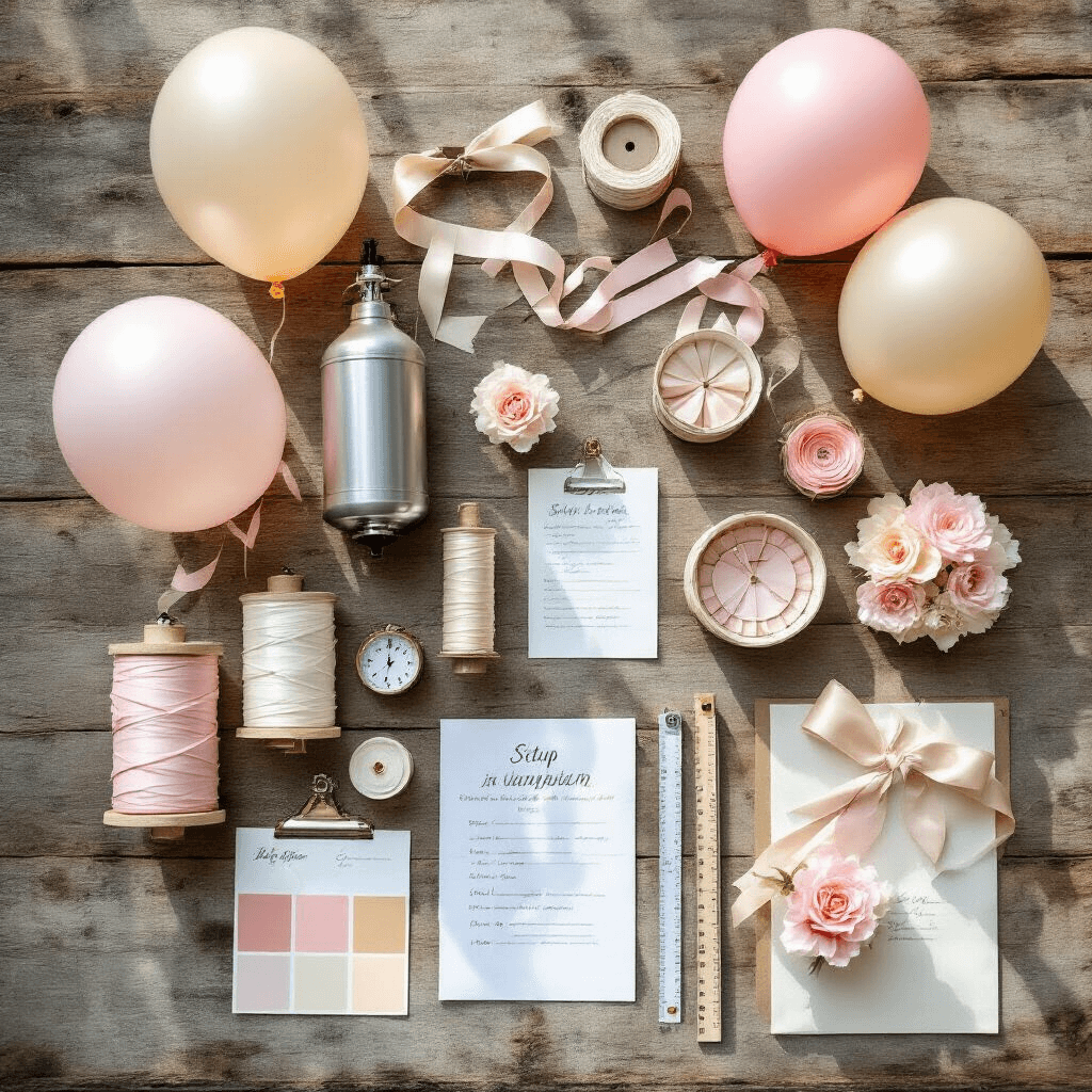Overhead flat lay of balloon setup essentials including pumps, helium tanks, and decorative ribbons arranged on a rustic wooden surface, with pastel balloons, elegant weights, measuring tape, color swatches in blush pink, ivory, and champagne, and handwritten notes, creating a professional wedding planning atmosphere.