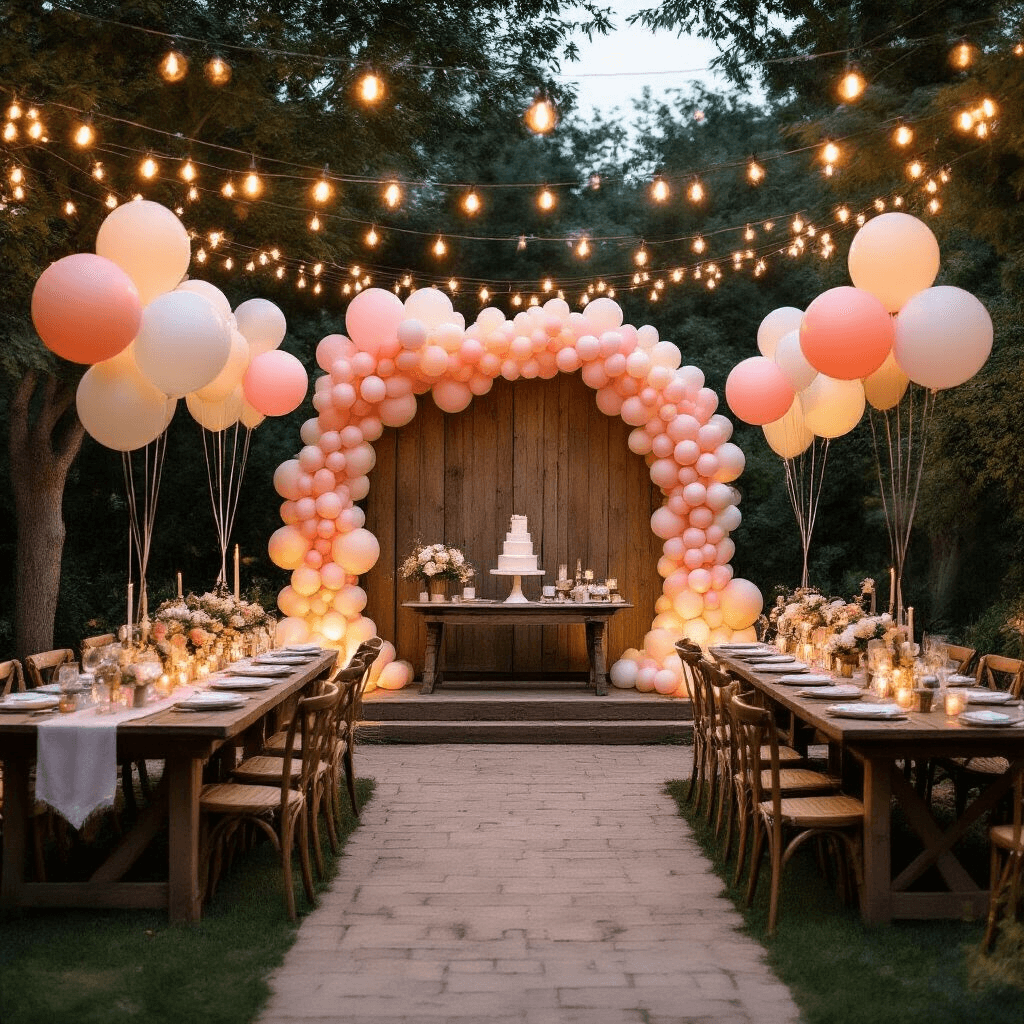 Cinematic wide shot of a stylish backyard wedding with ambient fairy lights, featuring budget-friendly balloon arrangements in soft pastels, metallic accents, and a rustic altar; creates an elegant atmosphere with intimate dining setups and creative decor that showcases cost-effective wedding styling.