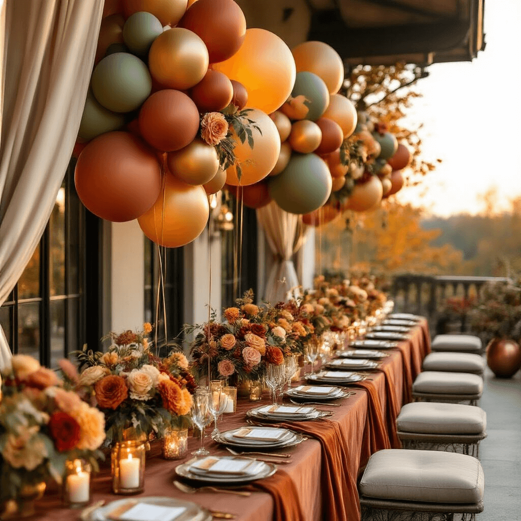 Detail shot of a fall wedding terrace display featuring layered balloon arrangements in terracotta, sage green, and gold, complemented by autumn florals and candle groupings, all set during golden hour with warm lighting.
