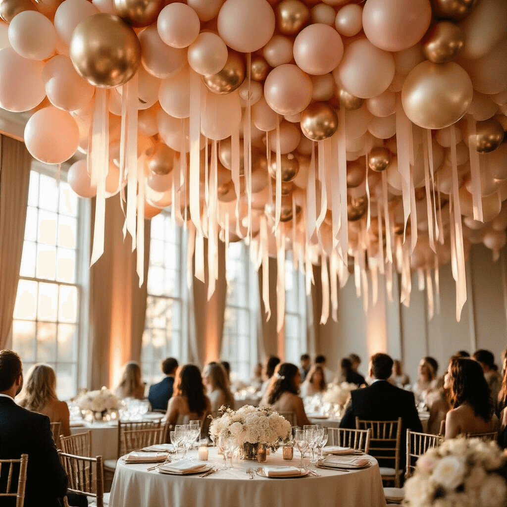Wide-angle shot of an elegant ballroom adorned with a canopy of blush pink, cream, and metallic gold balloons overhead, with round tables dressed in ivory silk linens set for a wedding reception, featuring crystal glassware and white rose centerpieces, bathed in warm golden hour sunlight.