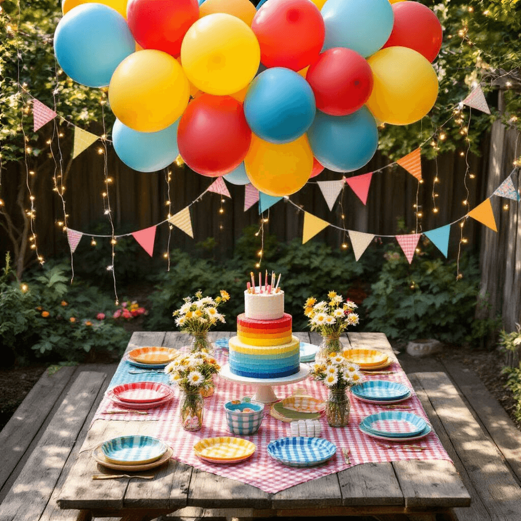 Overhead flat lay of a colorful backyard birthday celebration featuring a whimsical balloon arrangement, rustic picnic tables with gingham linens, a tiered rainbow cake, and cheerful daisies in mason jars, all under soft morning light and string lights.