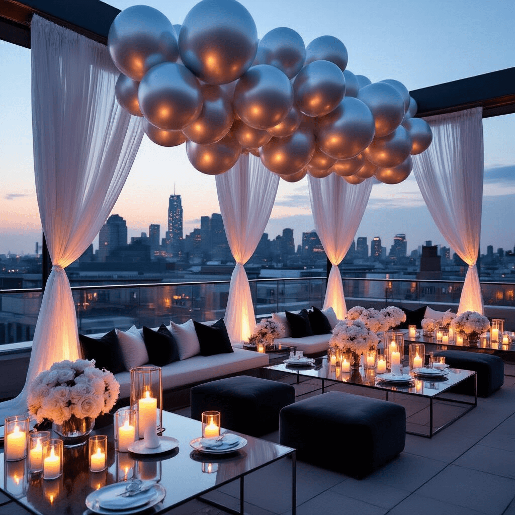 Cinematic rooftop terrace at twilight, featuring monochromatic silver and white chrome balloon clusters, sleek glass tables with velvet charcoal cushions, marble cake stands, white floral arrangements, and hundreds of pillar candles creating an amber glow, all set against an urban skyline with fairy lights and sheer drapery for an intimate corporate event atmosphere.