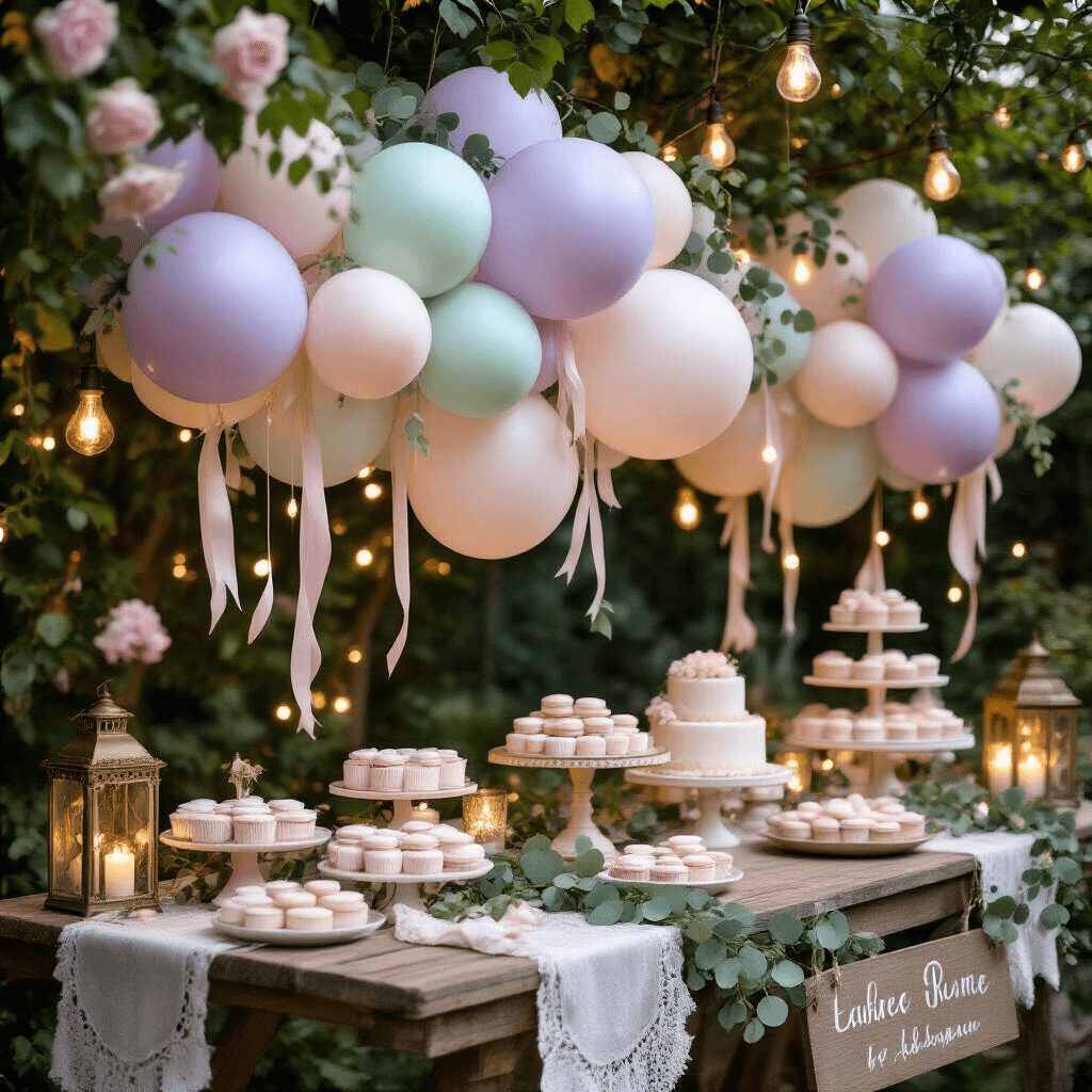 Close-up detail of a dreamy garden baby shower at night, featuring pastel balloon arrangements, vintage wooden tables adorned with lace runners and eucalyptus garlands, antique brass lanterns, and a tiered display of macarons and floral cupcakes, all illuminated by soft fairy lights.
