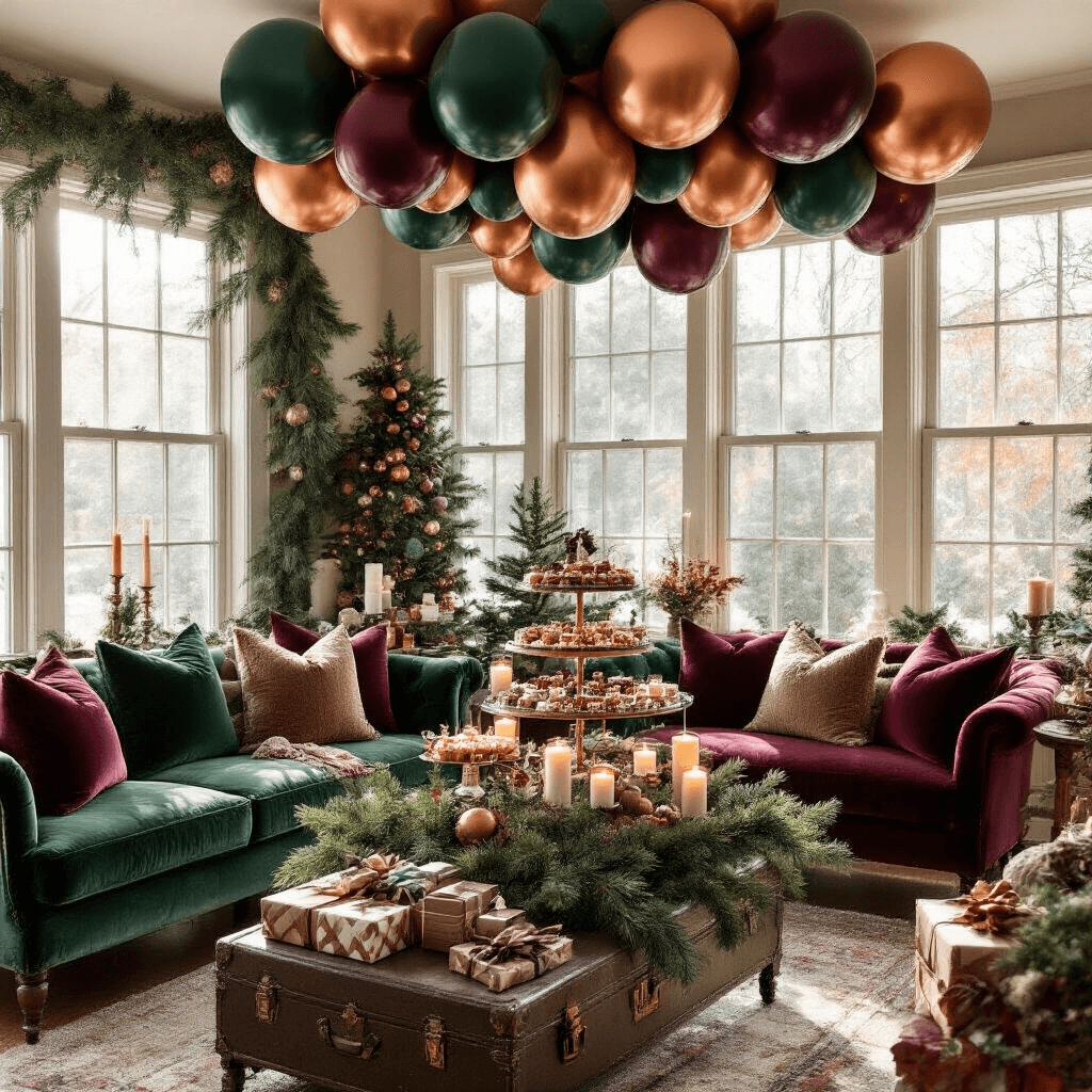 Cozy holiday living room party with vintage velvet furniture, rustic wooden elements, and a festive balloon installation in deep forest green, burgundy, and metallic copper, featuring a styled dessert cart, wrapped gifts, evergreen centerpieces, and warm candlelight.
